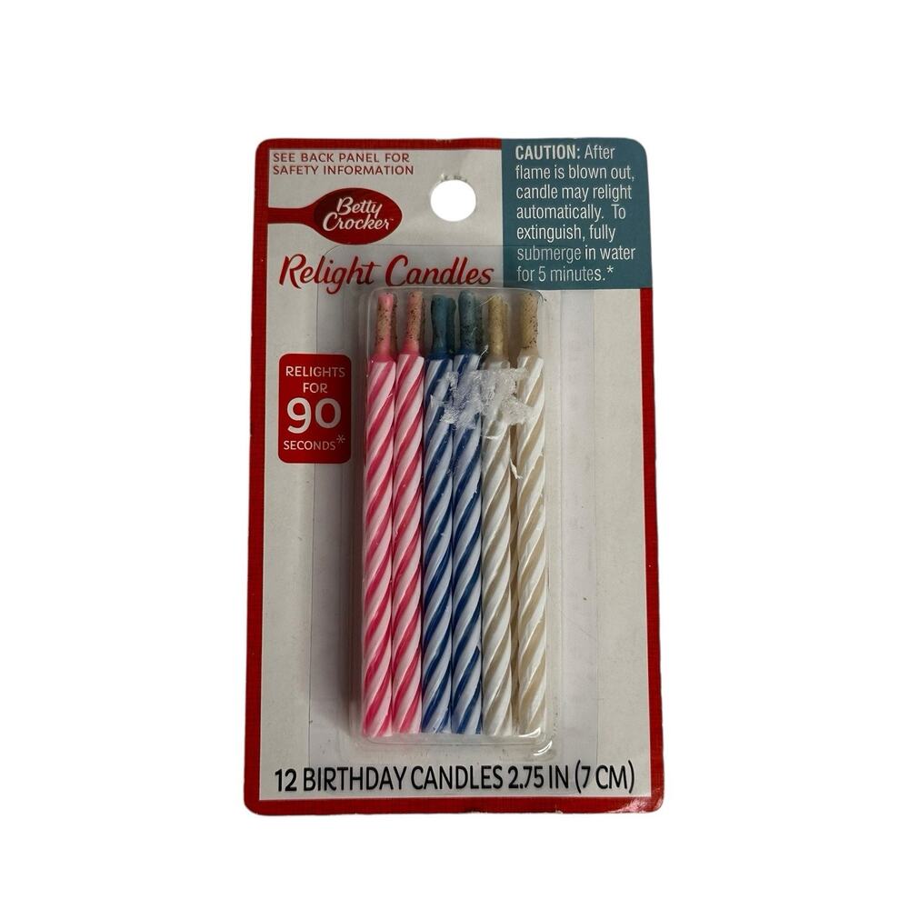 Betty Crocker Relight Candles 12 Birthday Candles 2.75 Inch Pink Blue White￼￼￼